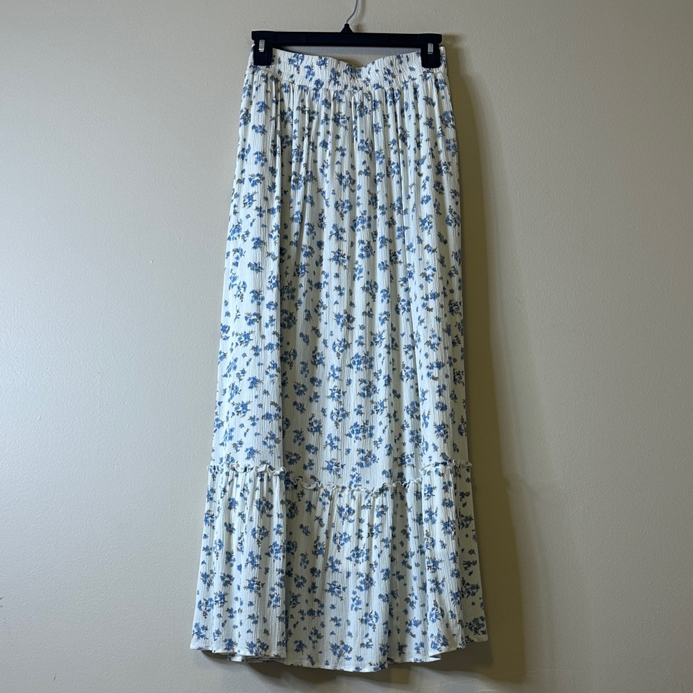 Pink Rose Blue Floral Maxi Skirt